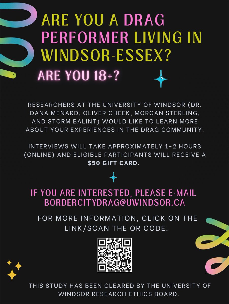 Researchers at the University of Windsor are looking to learn more about the experiences of 18+ drag performer in Windsor-Essex. Email bordercitydrag@uwindsor.ca or click this link menardpsychgroup.com/bordercitydrag. 

#wepridefest #windsorpride #yqg #pride #windsoressex