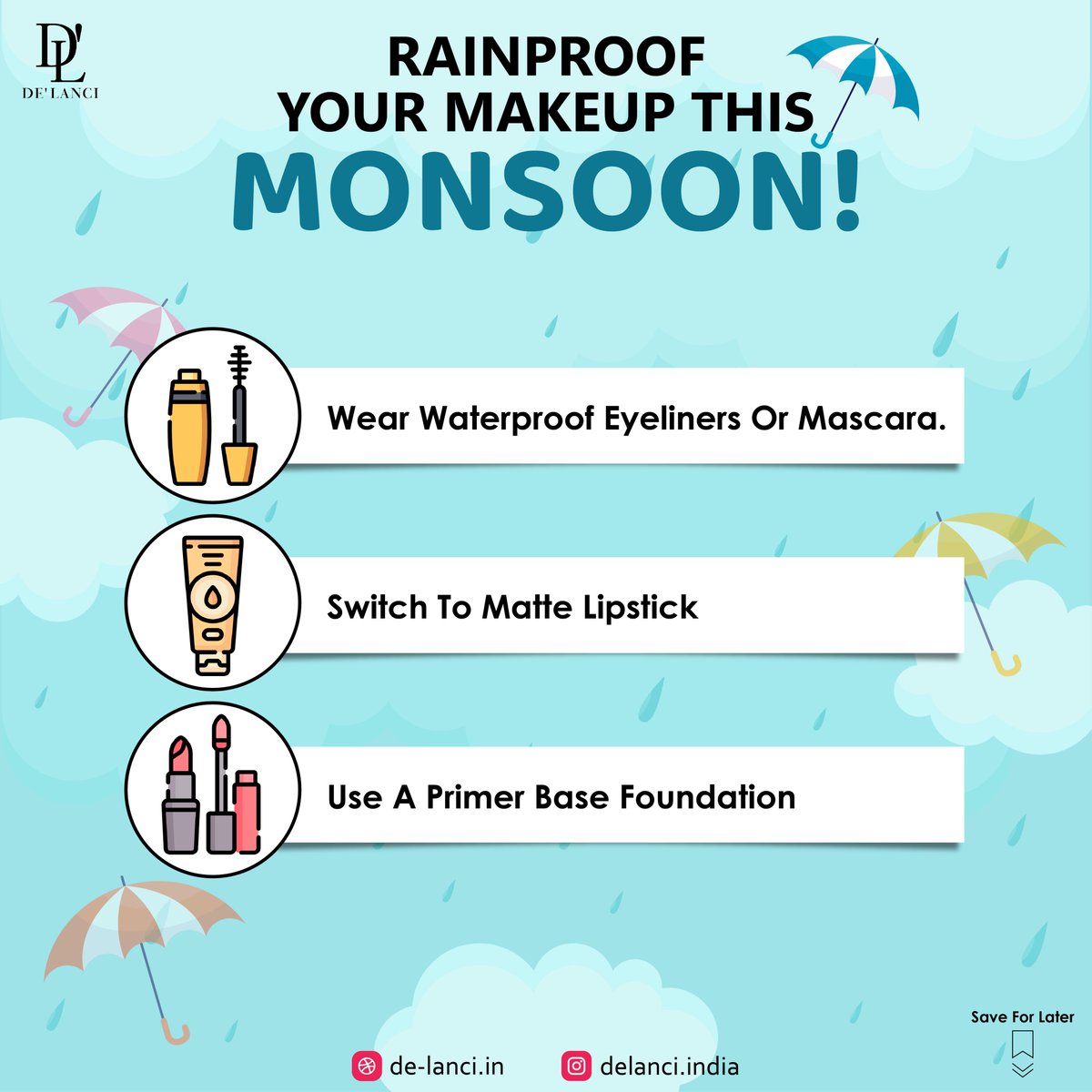 This Monsoon don't Let the rain destroy your makeup 💄🤗

#delanciindia #delanci #delancicosmetics #delancisale #LongLastingMakeup #VeganMakeup #eyeshadowlook #eyeshadowpalettes #concealerpalette #concealerhacks