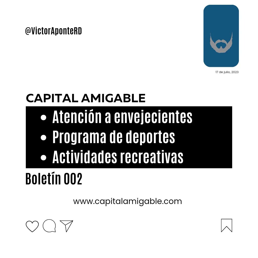 VictorAponteRD's tweet photo. 📌 Segundo boletín de nuestra campaña: Propuestas para la construcción de una capital más amigable.
#CapitalAmigable ❤️
#VictorRegidor https://t.co/RjaIFdGBlH