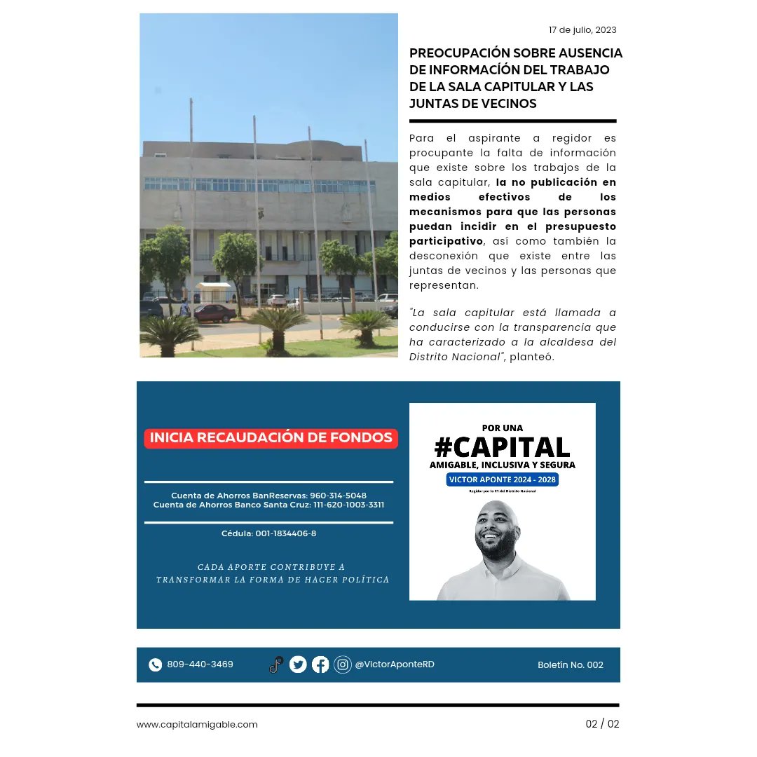 VictorAponteRD's tweet photo. 📌 Segundo boletín de nuestra campaña: Propuestas para la construcción de una capital más amigable.
#CapitalAmigable ❤️
#VictorRegidor https://t.co/RjaIFdGBlH
