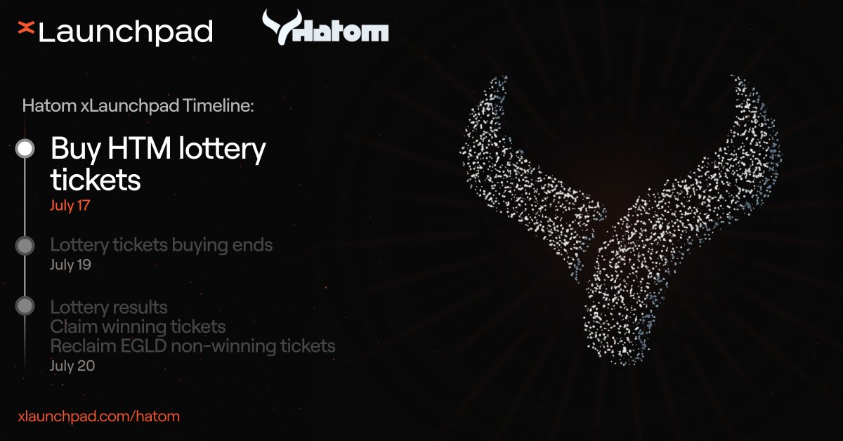 The lottery ticket sale for <a href="/HatomProtocol/">Hatom Labs</a> begins in ~4 hours!

⏱️ Today, 17:00 UTC - July 19, 17:00 UTC

Results, claiming and exchange listings are taking place on July 20 for a better alignment and coordination with all the partners involved.

Participate here: