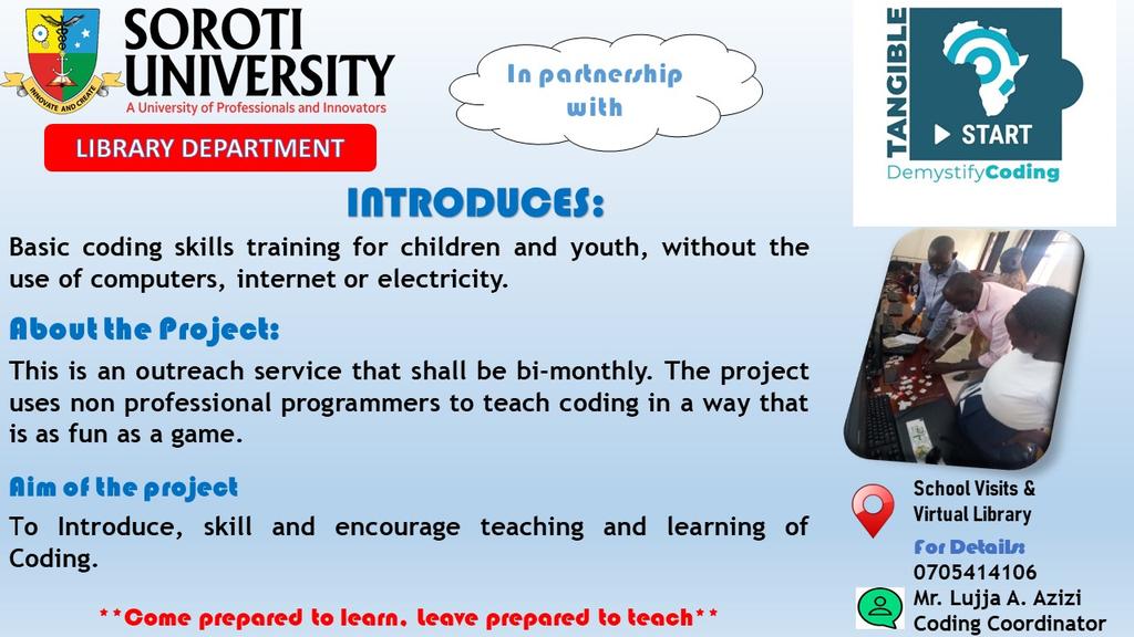 Soroti University Library (@sunlibdept) on Twitter photo <a href="/SorotiUniversi1/">Soroti University</a> Library dept, in partnership with <a href="/LevaFoundation/">Leva Foundation</a> brings you the first non-computerised coding skills training for children and youth
#MandelaDay
<a href="/CuulibrariesU/">Consortium of Uganda University Libraries</a> <a href="/kabiibra/">kabi ibrahim</a>
<a href="/OpioEmwos/">Emmanuel Emwos Opio</a> <a href="/Ulia_256/">Uganda Library & Information Association</a> <a href="/abapolot/">Barbra Apolot</a> <a href="/lujjaziiz/">Lujjah😉</a> <a href="/SorotiUniversi1/">Soroti University</a> Library dept, in partnership with <a href="/LevaFoundation/">Leva Foundation</a> brings you the first non-computerised coding skills training for children and youth
#MandelaDay
<a href="/CuulibrariesU/">Consortium of Uganda University Libraries</a> <a href="/kabiibra/">kabi ibrahim</a>
<a href="/OpioEmwos/">Emmanuel Emwos Opio</a> <a href="/Ulia_256/">Uganda Library & Information Association</a> <a href="/abapolot/">Barbra Apolot</a> <a href="/lujjaziiz/">Lujjah😉</a>
