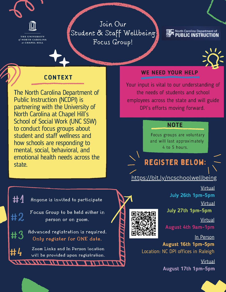 NCCSS's tweet image. NCDPI is partnering with @UNC_SSW to conduct focus groups about student and staff wellness &amp;amp; how schools are responding to mental, social, behavioral, and emotional health needs across the state. For more info &amp;gt;&amp;gt; bit.ly/ncschoolwellbe… #SEL #teachers #Wellbeing