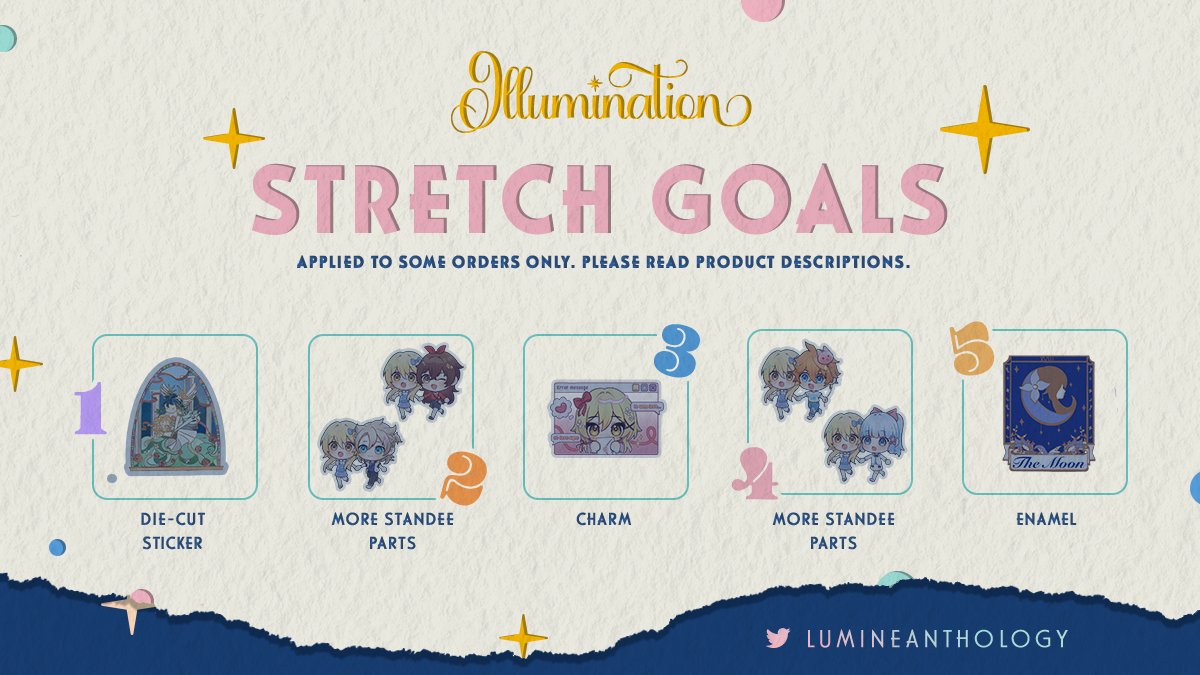 ✨ | STRETCH GOALS

So many stars cover the sky. But surely we can do our best to see them all glow, right? 🌟

🔒 Die-cut sticker by <a href="/shidreamin/">Shi 💕　Moving🫶</a>  
🔒 Standee parts by <a href="/pootaetae/">Jeanne🌱 🔜 Doujima G-04</a>  
🔒 Charm by <a href="/pootaetae/">Jeanne🌱 🔜 Doujima G-04</a>  
🔒 Standee parts by <a href="/pootaetae/">Jeanne🌱 🔜 Doujima G-04</a>  
🔒 Enamel pin by <a href="/shidreamin/">Shi 💕　Moving🫶</a>