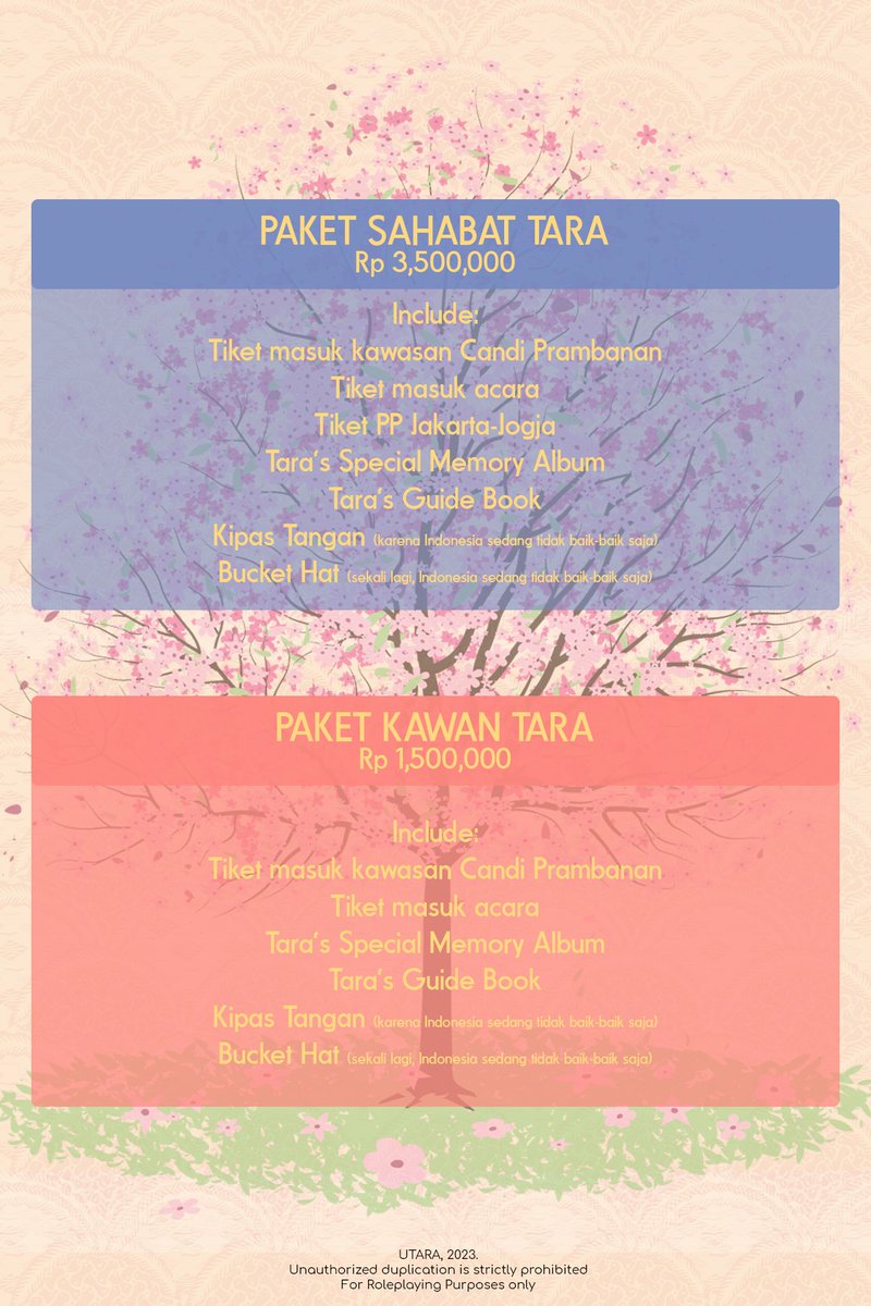 ㅤ
ㅤ
       Berikut adalah pilihan paket 
       yang  tersedia.   Kawan  Tara 
       hendak memilih yang mana?
ㅤㅤ
ㅤㅤ