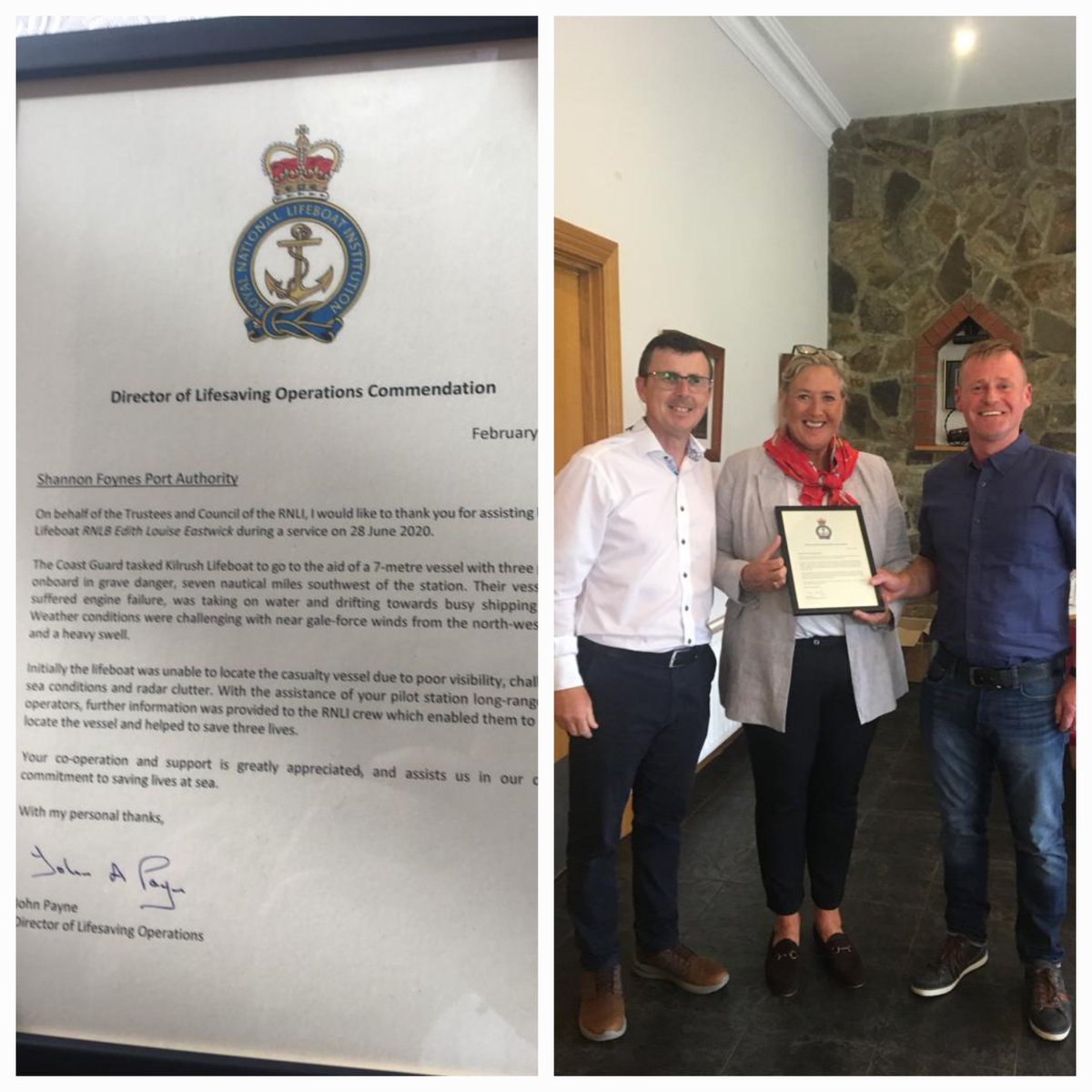 ShannonFoynes's tweet photo. Shannon Foynes Port Company were honoured recently to receive a commendation from the RNLI for the role played in assisting the Kilrush Lifeboat during a shout on the 28th June 2020.

In the picture are Darin Mcgibney, Anna Classon, RNLI Head of Ireland Region and Paul Griffin. https://t.co/TB9NVmWULi