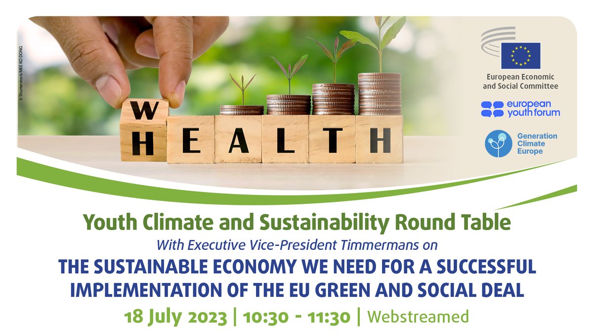 ClimateEurope's tweet photo. ⏰HAPPENING TOMORROW: Young people &amp; EU decision-makers sharing the same table to talk about climate🌍
Join us &amp; 🇪🇺 Commissioner @TimmermansEU for an #EUYouthRoundTable on sustainable economy. 
🗓️18 July 2023
⏰10:30 CEST
Live here 👉 https://t.co/fEJDUneK2P
@Youth_Forum @EU_EESC https://t.co/AqBGkBu1R5