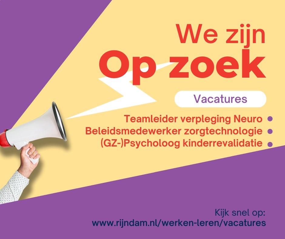 𝗩𝗔𝗖𝗔𝗧𝗨𝗥𝗘 𝗔𝗟𝗘𝗥𝗧!

Van verpleegkundige naar teamleider of als teamleider naar een baan in de medisch specialistische revalidatiezorg? 
Of wil jij jouw vak als zorgtechnoloog uitoefenen, terwijl je dicht bij de mensen staat?

Zet je stappen bij Rijndam. Verbaas jezelf.