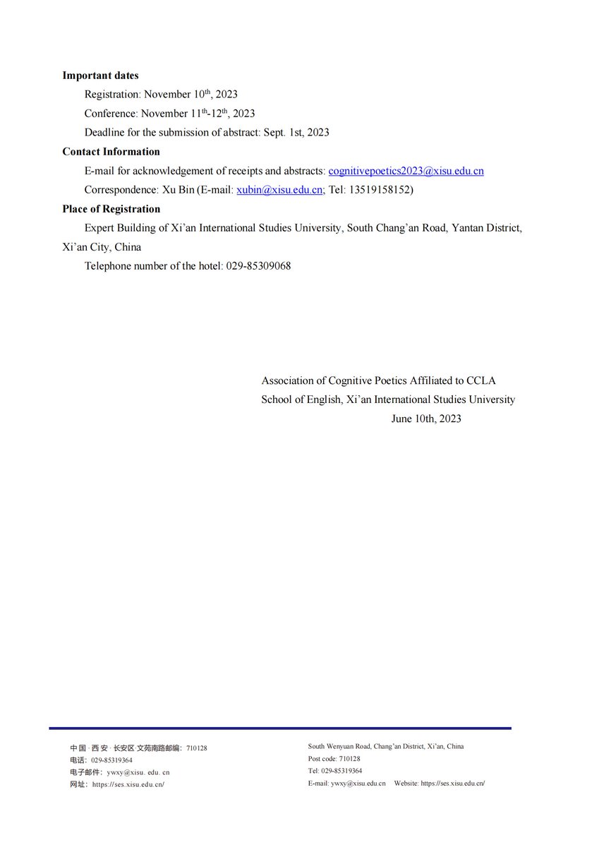 Fengjun16639132's tweet photo. The 6 th International Conference on Cognitive Poetics
in Xi’an on November 10th-12th, 2023 to exchange new theories, methods, paradigms, and technologies in cognitive poetics for the promotion of in-depth cognitive researches on literature. #Conference #Cognitivepoetics #CPAC https://t.co/nSsDhj9Xxn