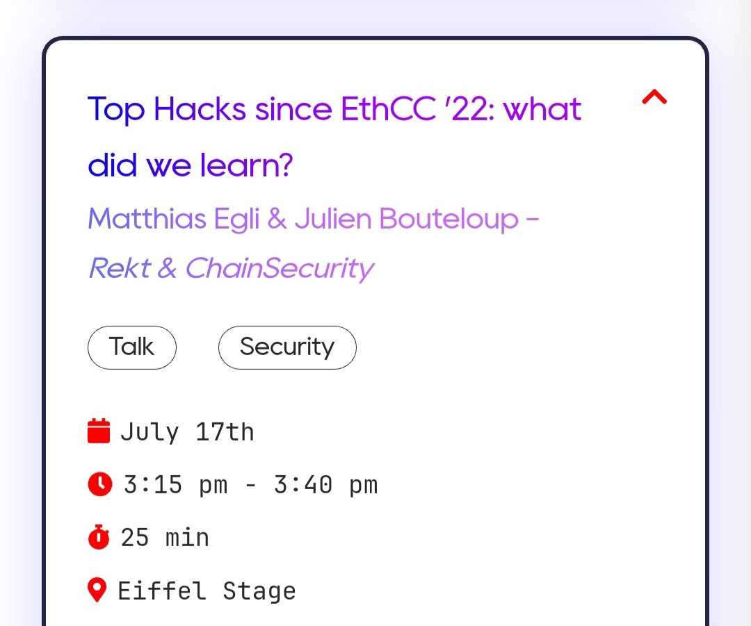 If you're at <a href="/EthCC/">EthCC - Ethereum Community Conference</a> - come to our talk with <a href="/RektHQ/">Rekt News</a>'s founder <a href="/bneiluj/">Julien B.</a> and <a href="/MatthiasEgli/">matthiasegli.eth</a> in 20min (3.15pm) at Eiffel stage.

Livestream:  ethcc.io/livestreams