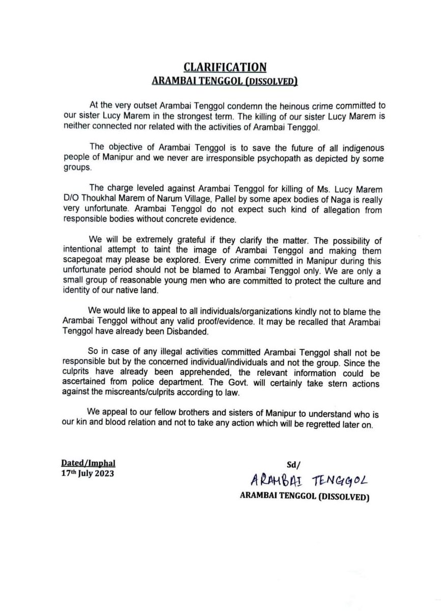 lalmuanhaokip's tweet photo. How can the dissolved outfit of @NBirenSingh #ArambaiTenggol issus a PR clarifying the death of Lucy Marem, a maring woman?This shows that Meiteis terrorist #ArambaiTenggol is operating incognito.#SeperateAdministration for KUKI ZO @NIA_India @adgpi @IndiaTodayNE @official_dgar https://t.co/ga30ENE6cI