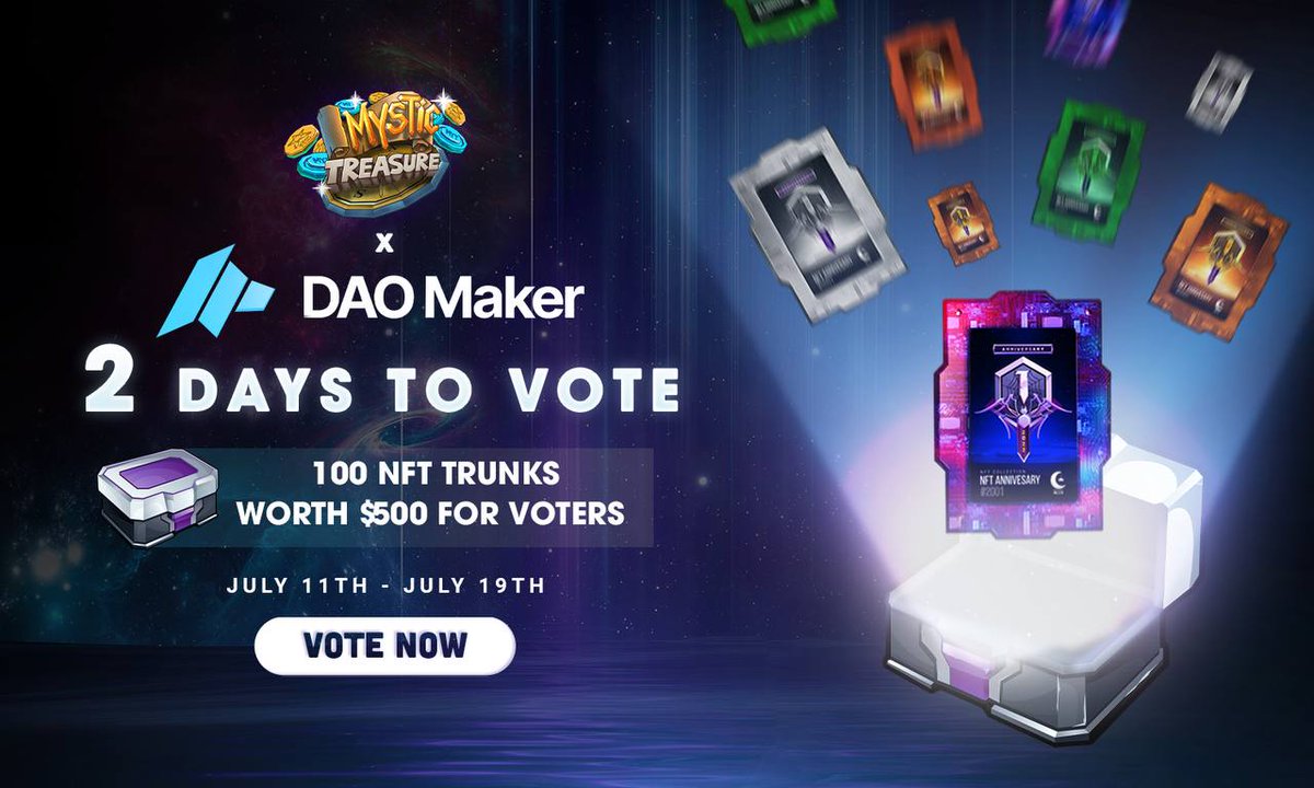 🔥 Only 2 Days To Vote For Mystic Treasure On DAO Maker 🔥 

Submit your vote for Mystic Treasure and get fantastic NFT rewards! 

⏰ Time: 19:00 | July 11 - 19:00 | July 19, 2023 

💰Prize: Each wallet participating in voting will receive a special NFT from Mystic Treasure.