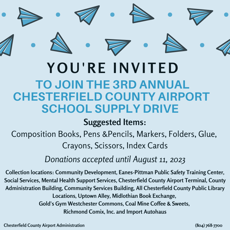FlyRichmondExecutive (@flyrichmondexec) on Twitter photo TODAY IS THE DAY! It's the start of our 3rd Annual School Supply Drive. This year we have 23 drop off locations.
Please help us ensure that no student is left without supplies at the start of the school year. <a href="/ChesterfieldVa/">Chesterfield County Government, Virginia</a> @VirginiaDOAV <a href="/ccpsinfo/">Chesterfield Schools</a> <a href="/CCPLVA/">Chesterfield Library</a> <a href="/SECAAAE/">Southeast Chapter - AAAE</a> TODAY IS THE DAY! It's the start of our 3rd Annual School Supply Drive. This year we have 23 drop off locations.
Please help us ensure that no student is left without supplies at the start of the school year. <a href="/ChesterfieldVa/">Chesterfield County Government, Virginia</a> @VirginiaDOAV <a href="/ccpsinfo/">Chesterfield Schools</a> <a href="/CCPLVA/">Chesterfield Library</a> <a href="/SECAAAE/">Southeast Chapter - AAAE</a>