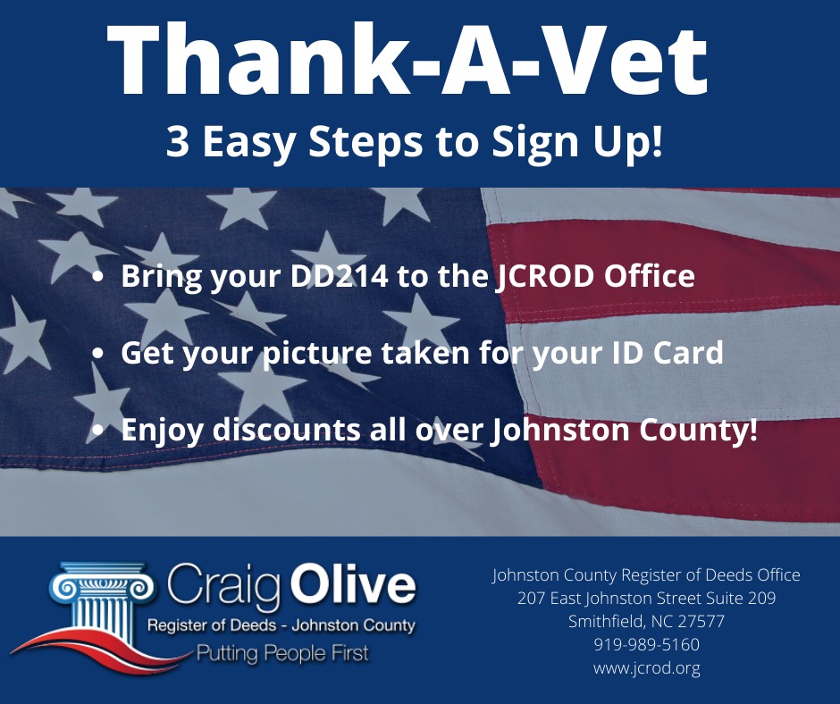 Are you a Veteran? Would you like to participate in Johnston County's Thank-A-Vet Program and get extra discounts from businesses around the county? If so, come by our office with your DD-214 and get your Thank-A-Vet ID card! Click here to find out more! bit.ly/2MKz0V7