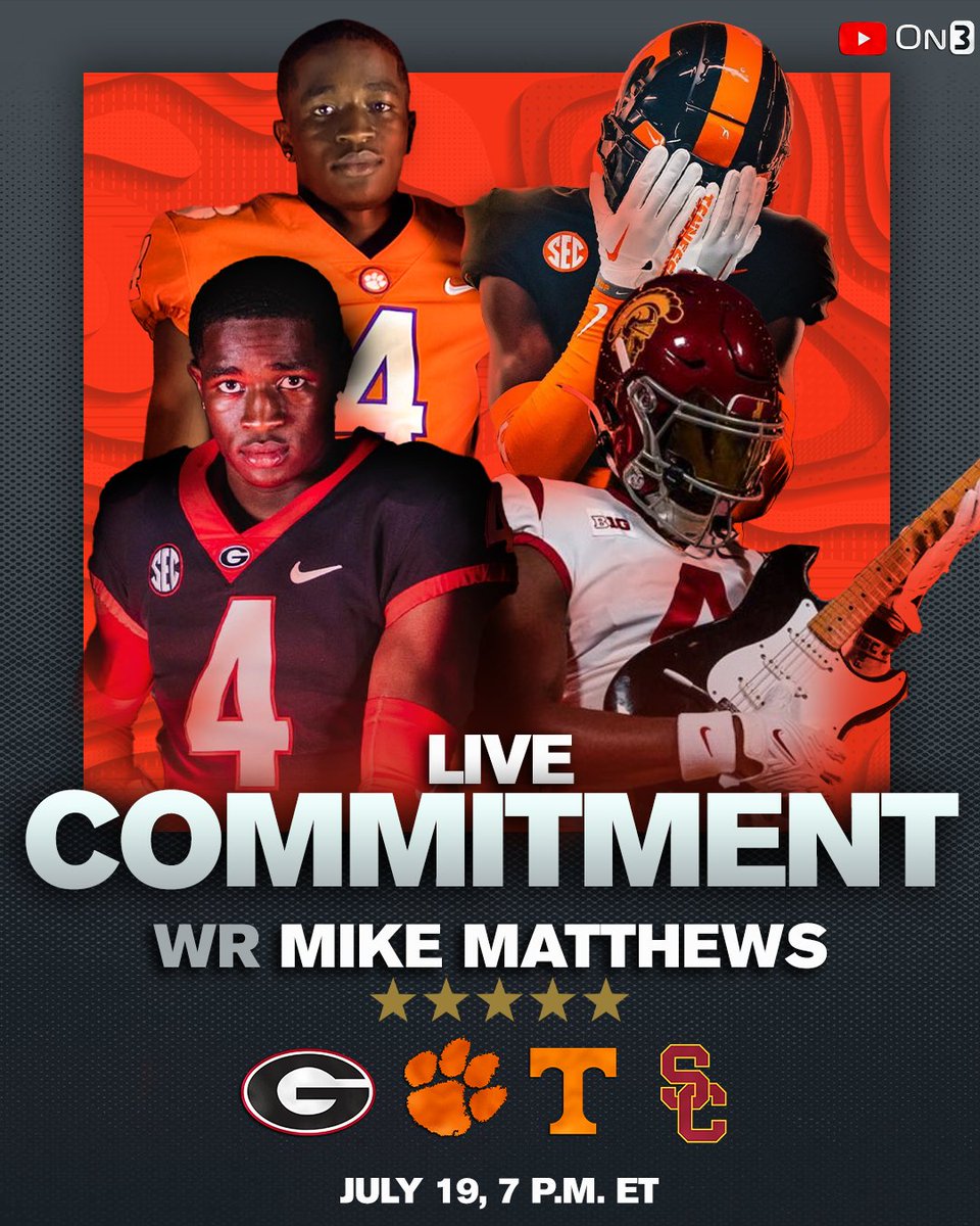 Rivals's tweet photo. 5-star WR Mike Matthews will commit LIVE with On3 on July 19‼️ 

He will choose between Clemson, Georgia, Tennessee and USC👀

More from @ChadSimmons_: https://t.co/ffXaDNfRYx https://t.co/RToa6oYEUG