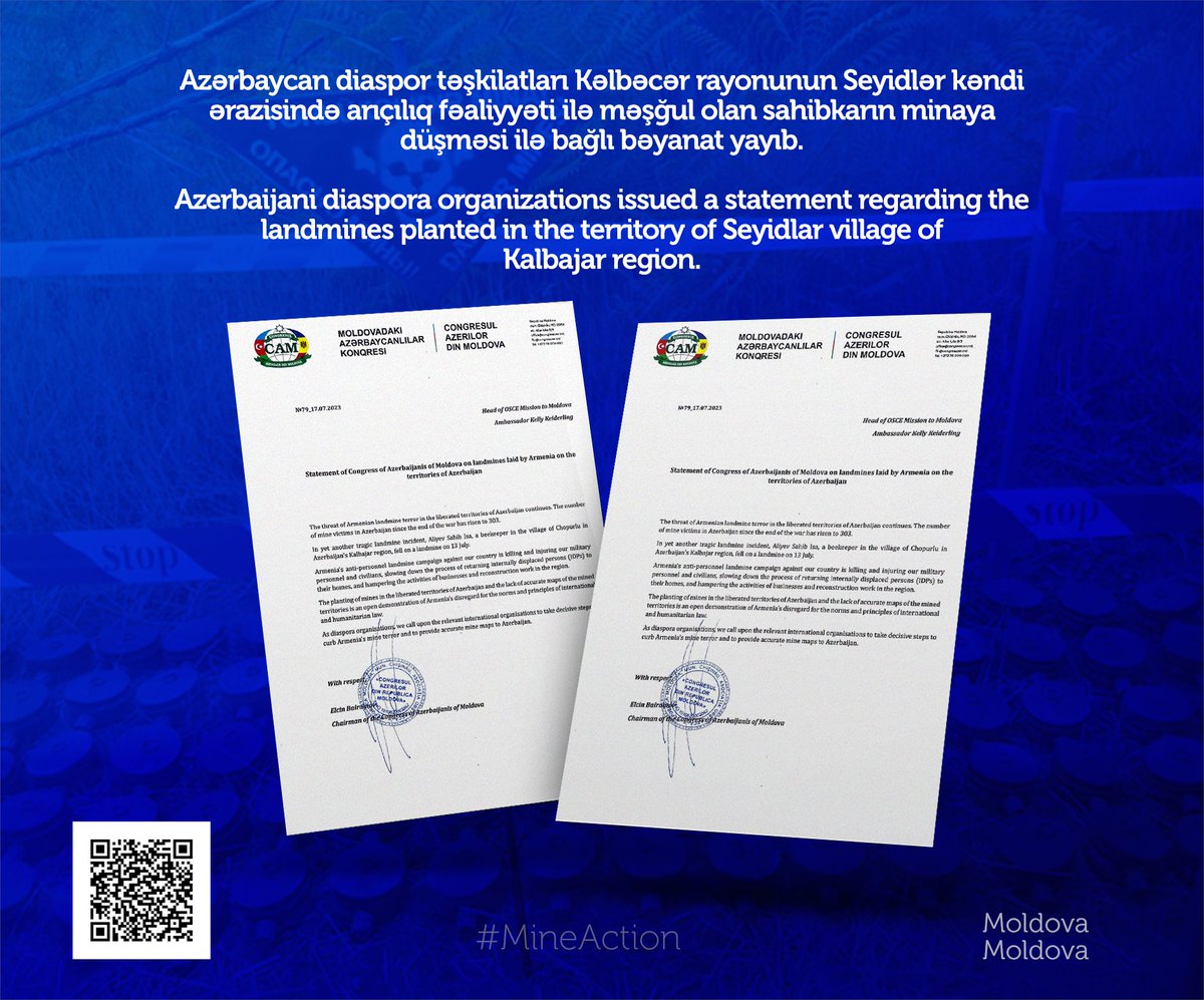 DiasporaAz's tweet photo. Azerbaijani diaspora organizations issued a statement regarding the landmines planted in the territory of Seyidlar village of Kalbajar region.

🇦🇿 https://t.co/5sS5gHxVE0

🇬🇧 https://t.co/cTmKk6RImh

🇷🇺 https://t.co/YZwDQnwc8V

#MineAction https://t.co/3F9uTxGmJc