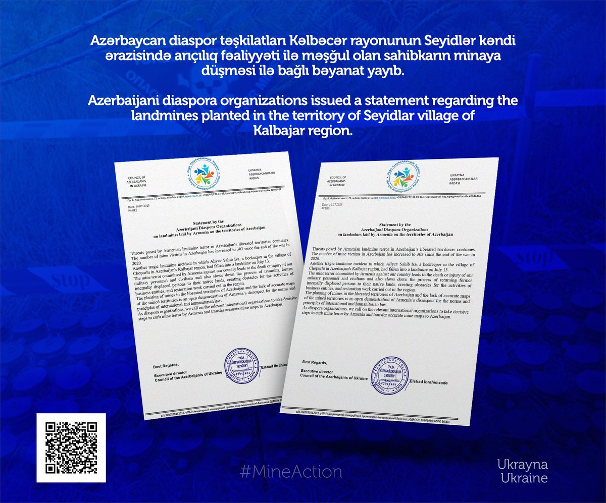 DiasporaAz's tweet photo. Azerbaijani diaspora organizations issued a statement regarding the landmines planted in the territory of Seyidlar village of Kalbajar region.

🇦🇿 https://t.co/5sS5gHxVE0

🇬🇧 https://t.co/cTmKk6RImh

🇷🇺 https://t.co/YZwDQnwc8V

#MineAction https://t.co/3F9uTxGmJc