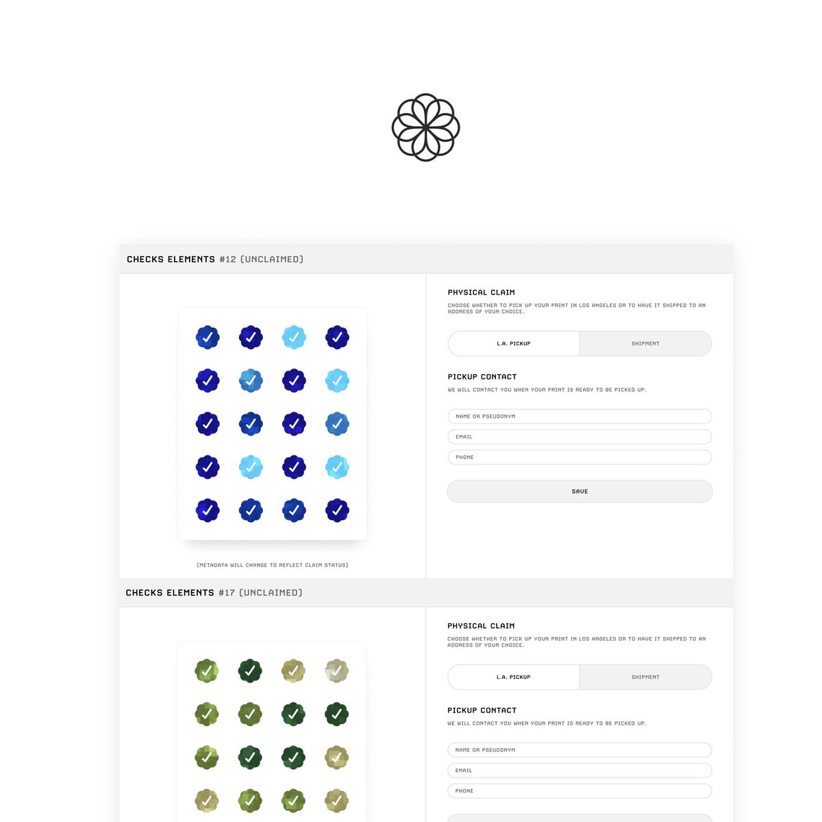 elements monoprint claim is now live

(site will only ask you for a signature, no transactions required)

nfts will now reflect claim status (single) vs. (pair)

thank you for your support and your patience, means more than I can convey on twitter 

elements.checks.art