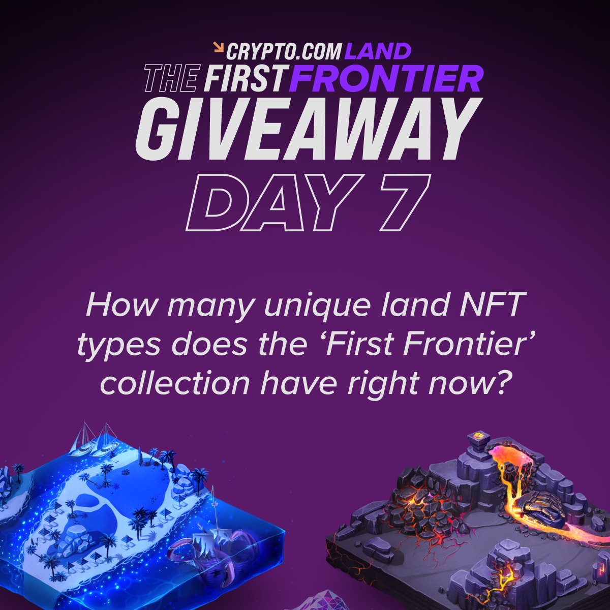 cryptocom's tweet image. Stand to win a 'Sapphire Lagoon' or 'Molten Cavern' land NFT in Day 7 of the #TFFGiveaway 🌊🌋

✔️ Quote or retweet this tweet with your answer to the question below, and tag 3️⃣ friends in it
✔️ Follow @cryptocom and @LoadedLions_CDC 
✔️ Register here: forms.gle/ZFEWGbCN7pVwrF…