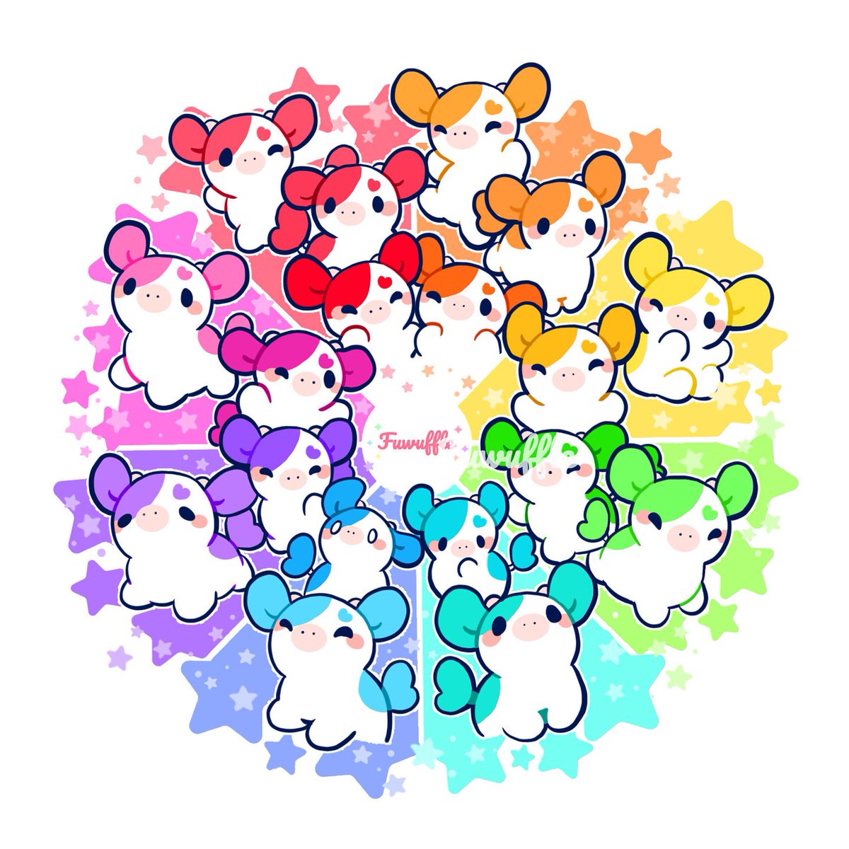 fuwuffle's tweet photo. The Colors of Moo~ 🌈🐮 Which color theme is your favorite? 👀 

#fuwuffle #colorwheelchallenge #pastelcows #cuteart https://t.co/y3acPgcT8T