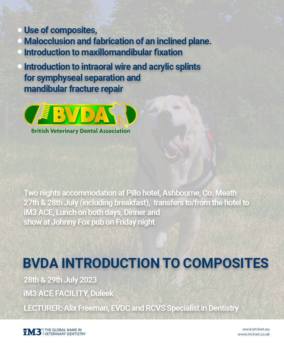 📚🦷 Join us for a comprehensive course on BVDA Introduction to composites at iM3 ACE Facility in Duleek! 🎉 #BVDACompositesCourse #ContinuingEducation #VeterinaryDentistry