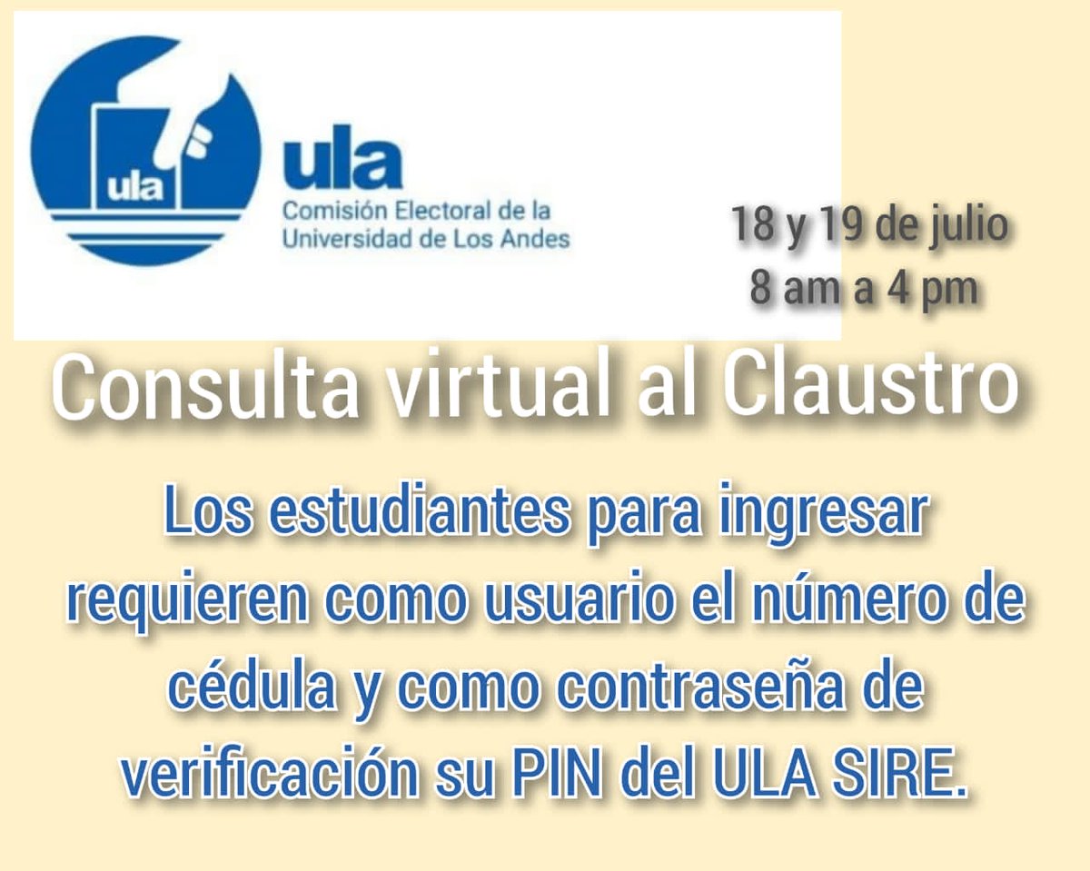 🚨Núcleo #ULA VIGIA🚨Atención Estudiante, pueden participar en consulta sobre elecciones de autoridades universitarias, si no tienen su clave la pueden solicitar por el correo orenuaa@ula.ve
<a href="/jorgegalvis/">jorge galvis</a> <a href="/bonuccimario/">Mario Bonucci R.</a>