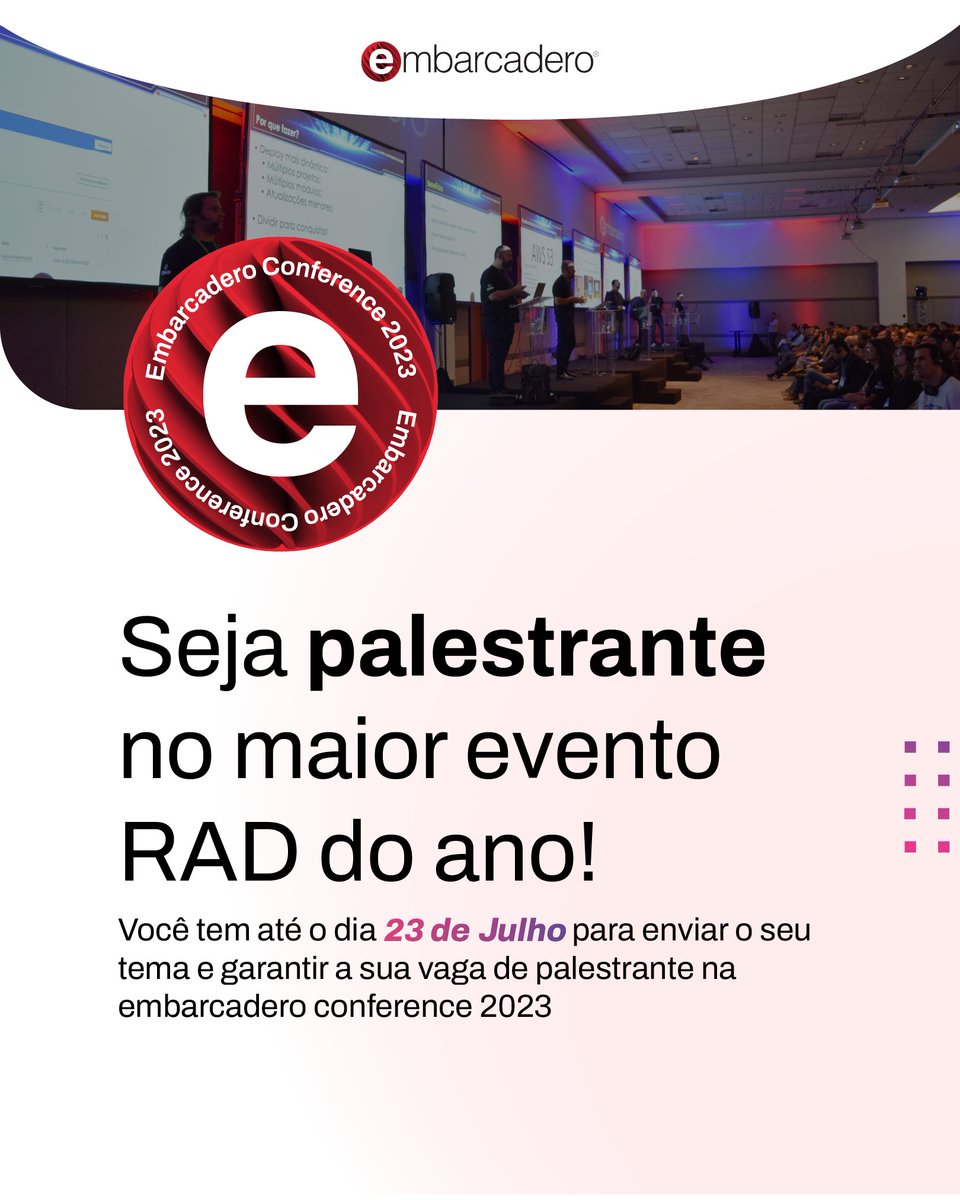 embarcaderoBR's tweet photo. 📣 Torne-se um Palestrante na #EmbarcaderoConference2023! 🎤💡

🚀 Envie sua proposta de palestra agora em https://t.co/c8S6s4qzXg

⏰ Inscrições até 23 de julho. Não perca essa oportunidade de compartilhar seu conhecimento e brilhar no maior evento de desenvolvimento do ano! https://t.co/fadn0BQa6a
