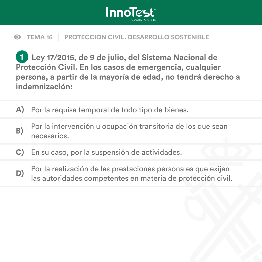 InnoTestES's tweet photo. 🔔 ¡La #InnoPregunta de la semana ya está aquí!
¿Opositas a la #GuardiaCivil? ¡Te retamos! 😏 Responde esta InnoPregunta del tema 16 sobre Protección Civil. Desarrollo sostenible.
💬 ¡Deja tu respuesta en comentarios! https://t.co/6RVZNnIdRb
