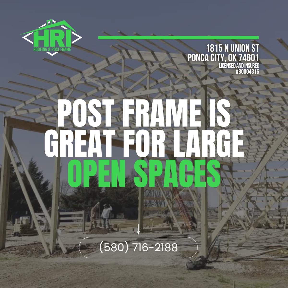 Looking to create large open spaces for your project? Post frame construction is the answer. With sturdy posts as primary support, no interior load-bearing walls are needed, giving you versatile and customizable spaces. #PostFrameConstruction #VersatileSpaces #HRI