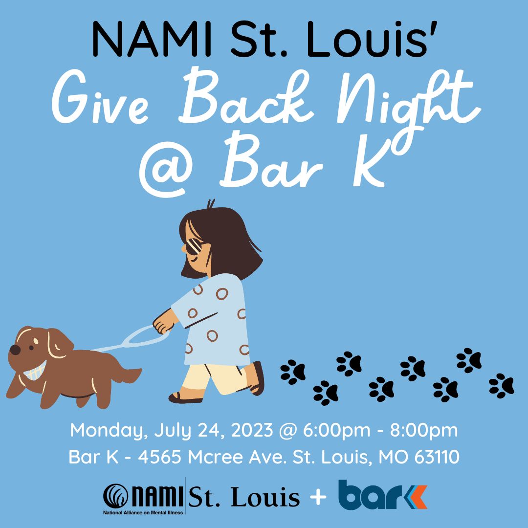 Mark your calendars because we are just ONE week away from NAMI St. Louis' Give Back Night at Bar K! 🐶❤️ Don't forget that during the event, 10% of all food and non-alcoholic beverage sales will be donated to NAMI St. Louis 😱