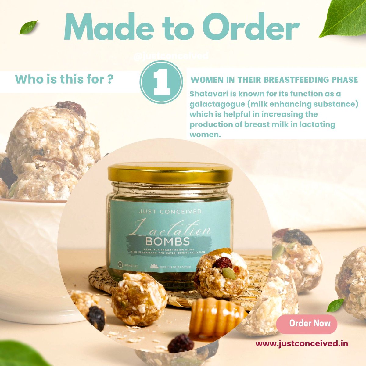 🤱 Introducing Lactation Bombs: The Shatavari Powerhouse 🌱

Order now on our website 💫 justconceived.in

#justconceived #LactationSupport #ShatavariMagic #PregnancyWellness #HealthyMoms #BreastfeedingJourney #wholesomenutrition