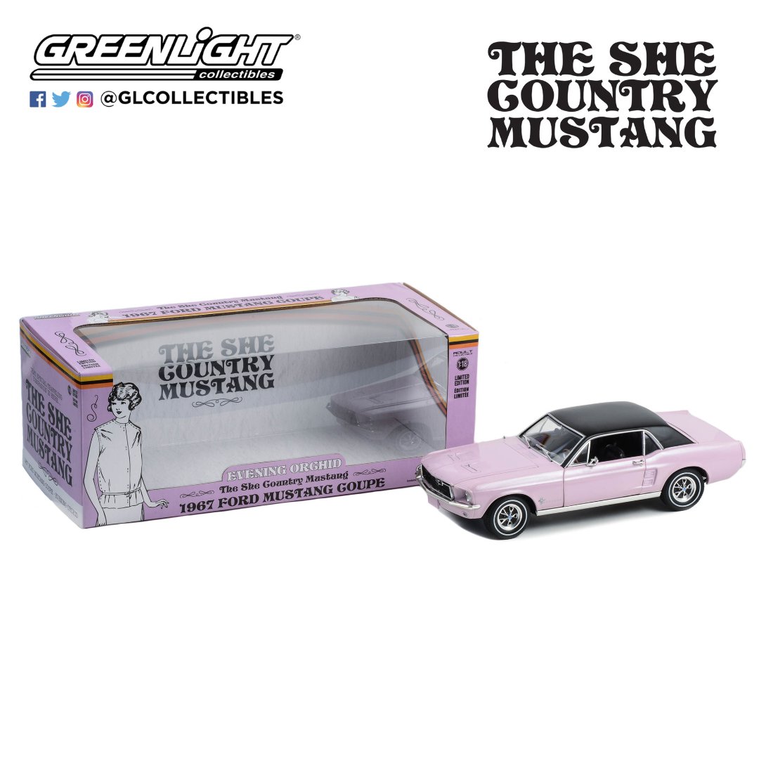 GLCollectibles's tweet photo. The She Mustang was available in the pastel colors of Limelite Green, Bermuda Sand, Evening Orchid, and Autumn Smoke.

# 13662
Available Now!
1:18 1967 Ford Mustang Coupe "She Country Special" - Bill Goodro Ford, Denver, Colorado - Evening Orchid
#GLDeco #Ford #Mustang https://t.co/689WvcqBUx