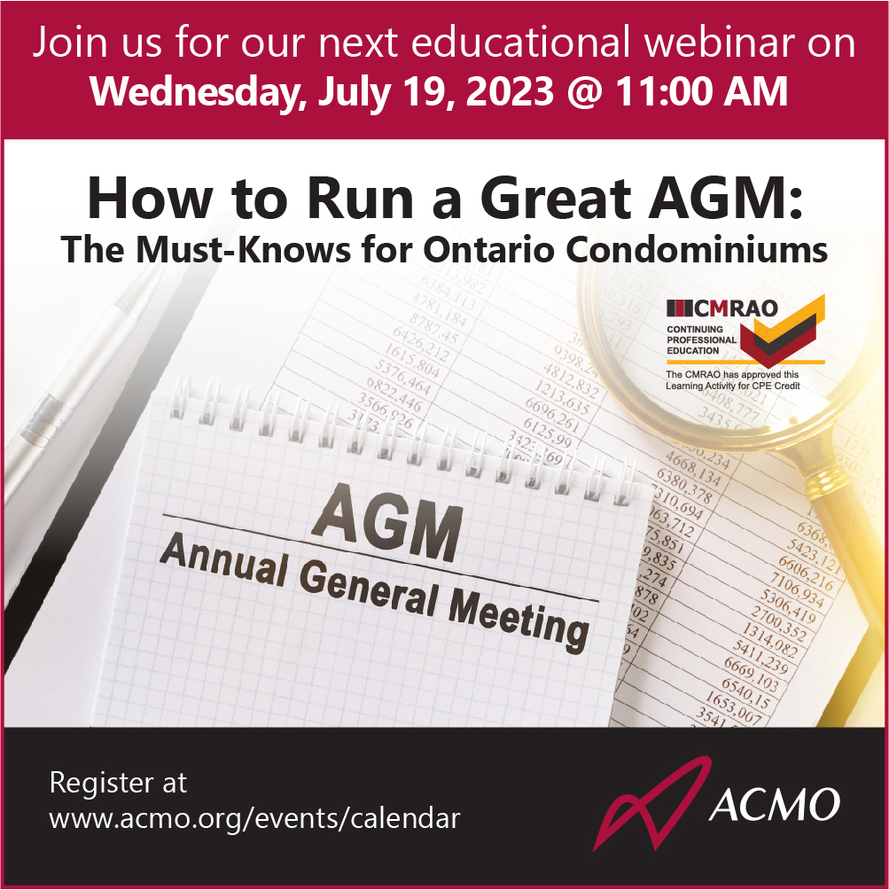ACMO_org's tweet photo. Last chance to register for "How to Run a Great AGM: The Must-Knows for Ontario Condominiums" on Wednesday, July 19 @ 11:00 AM. Earn 1 CPE credit! Free for ACMO Members. Register today at https://t.co/hOdbB1oPKR
#ACMOWebinar #CondoBoard #CondoManager #CondoBusiness #CPEcredit https://t.co/PnaktiIieS