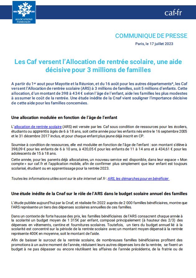 cnaf_actus's tweet photo. 📰 #CommuniquéDePresse

L'Allocation de rentrée scolaire (#Ars) sera versée à 3 millions de familles, soit 5 millions d’enfants, à partir du 1er août pour Mayotte et la Réunion et du 16 août pour les autres départements.

https://t.co/RtDr2GxV6r https://t.co/Kqa4B0UFUy