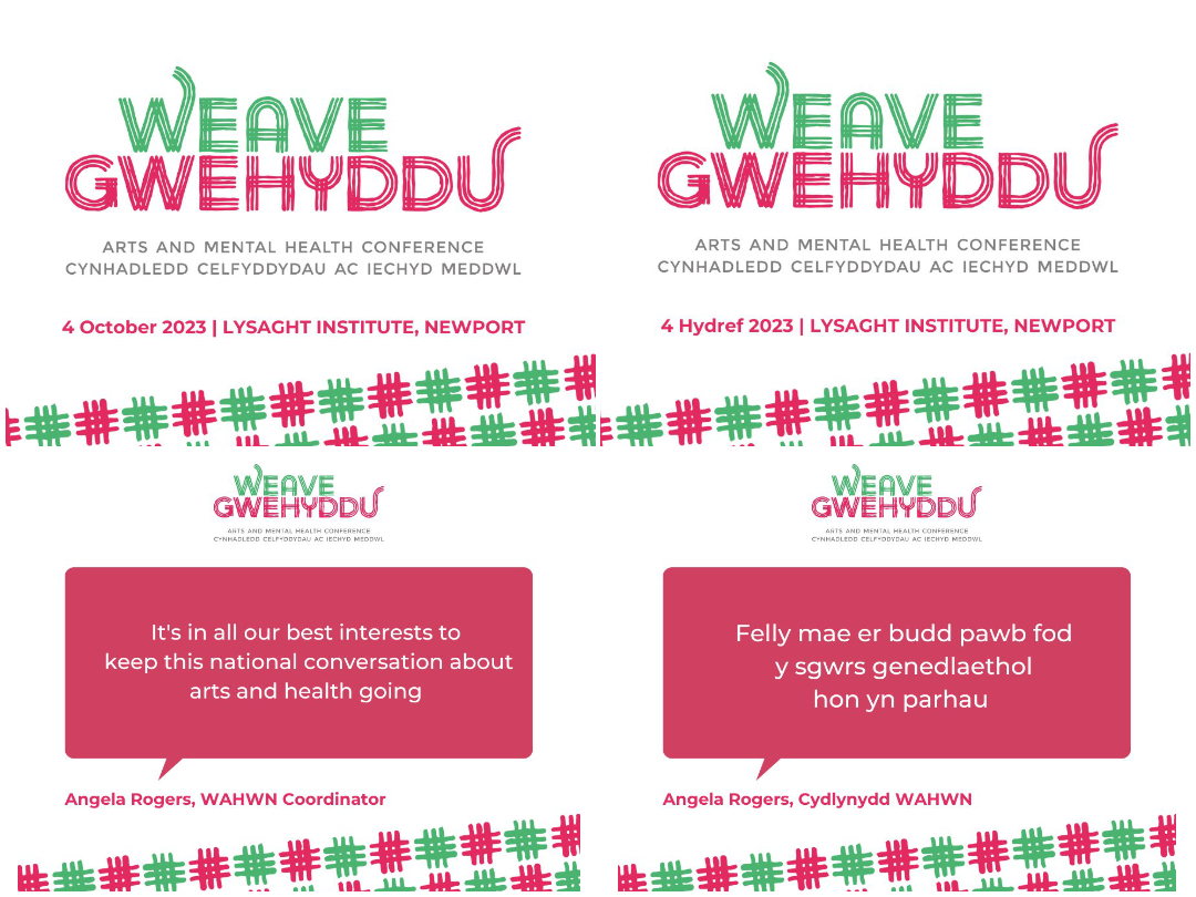 There's this amazing @WahwnC arts & mental health conference happening this autumn. Be great to get some #Powys representation!

Let's keep the conversation going - arts are such a positive force for good #mentalhealth 💚😊
 
bit.ly/3raymXm

#WeaveConference #artshealth