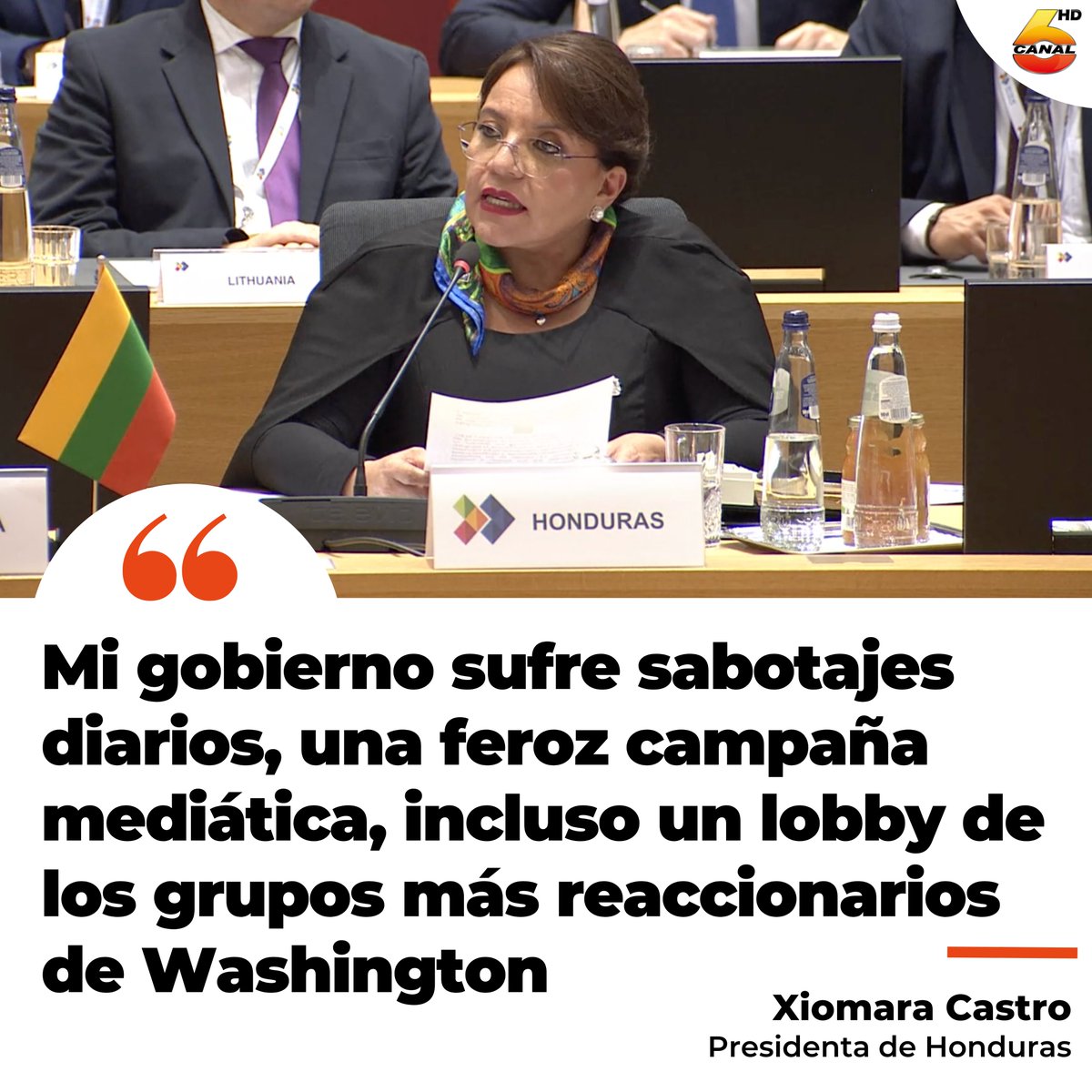 Canal6Honduras's tweet photo. #NOTICIA | La Presidenta, #XiomaraCastro, durante su comparecencia en la cumbre de #CELAC sostenida en #Brucelas, #Bélgica, denuncio ante la comunidad internacional los sabotajes, y ataques que sufre su gobierno constantemente por grupos de poder, 

#Honduras #LIBRE https://t.co/H4Ics05Gxy