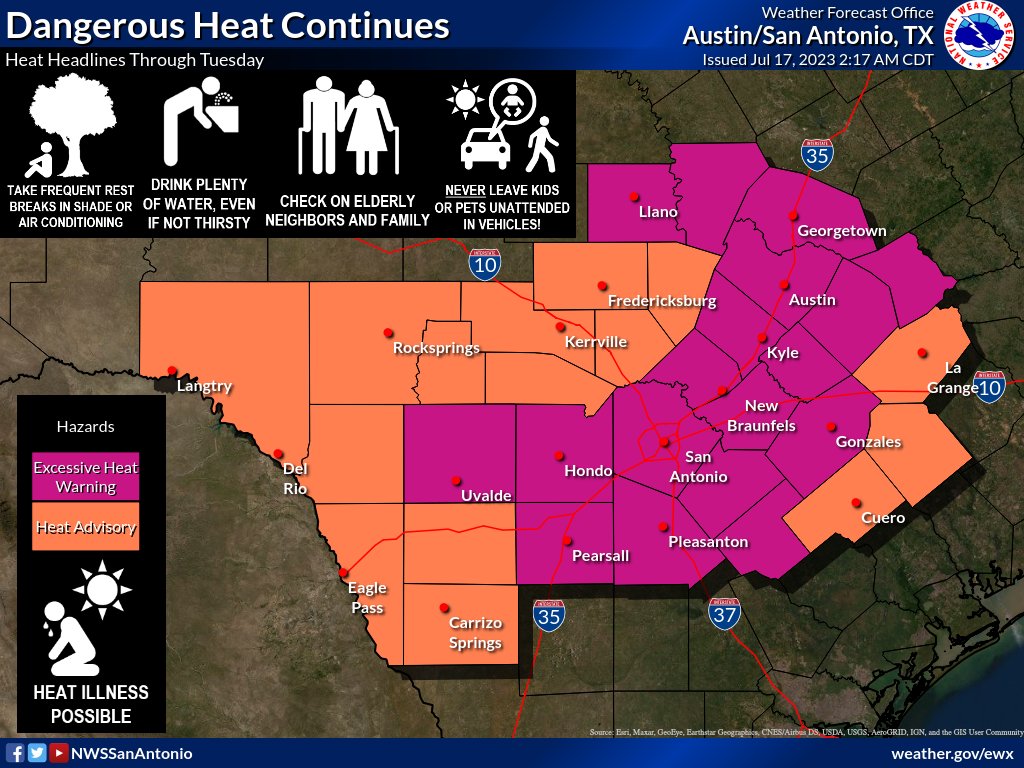 ATCEMS's tweet photo. #ATXHeat23 The @NWSSanAntonio has issued an Excessive Heat Warning for our area until 9pm Tues.
We know you know it's hot, but please be safe when spending time outdoors, not even native Texans are immune to heat-related illness!
Follow the tips in the graphics and #StayCoolATX! https://t.co/n7zjBWpRrP