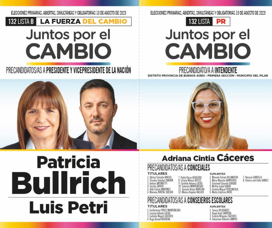 Adrián Maciel (@maciel_pilar) on Twitter photo Esta es la boleta de <a href="/PatoBullrich/">Patricia Bullrich</a> y <a href="/AdriCCaceres/">Adriana Cáceres</a> en Pilar.
La lista que tiene la experiencia, el equipo y la fuerza para cambiar de verdad.
Patricia Bullrich - Adriana Cáceres en Pilar.
#EsConEllas #LaFuerzaDelCambio Esta es la boleta de <a href="/PatoBullrich/">Patricia Bullrich</a> y <a href="/AdriCCaceres/">Adriana Cáceres</a> en Pilar.
La lista que tiene la experiencia, el equipo y la fuerza para cambiar de verdad.
Patricia Bullrich - Adriana Cáceres en Pilar.
#EsConEllas #LaFuerzaDelCambio