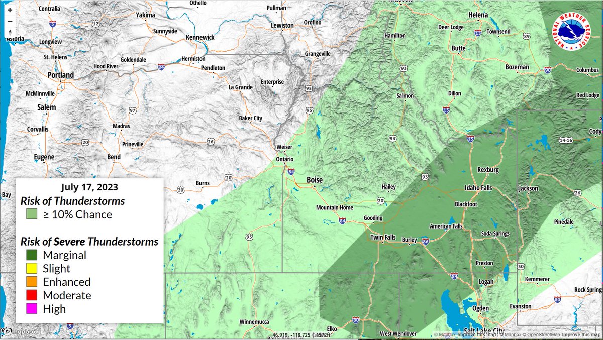 ⛈Showers and thunderstorms will continue through this evening across much of Southwest Idaho. The strongest storms are expected from the the Idaho/Nevada border through Western Magic Valley. Wind gusts up to 55 MPH are possible.  #ORwx #IDwx