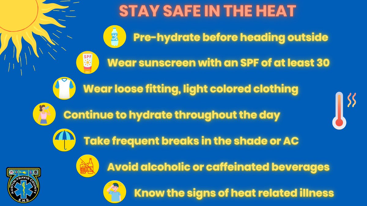 ATCEMS's tweet photo. #ATXHeat23 The @NWSSanAntonio has issued an Excessive Heat Warning for our area until 9pm Tues.
We know you know it's hot, but please be safe when spending time outdoors, not even native Texans are immune to heat-related illness!
Follow the tips in the graphics and #StayCoolATX! https://t.co/n7zjBWpRrP