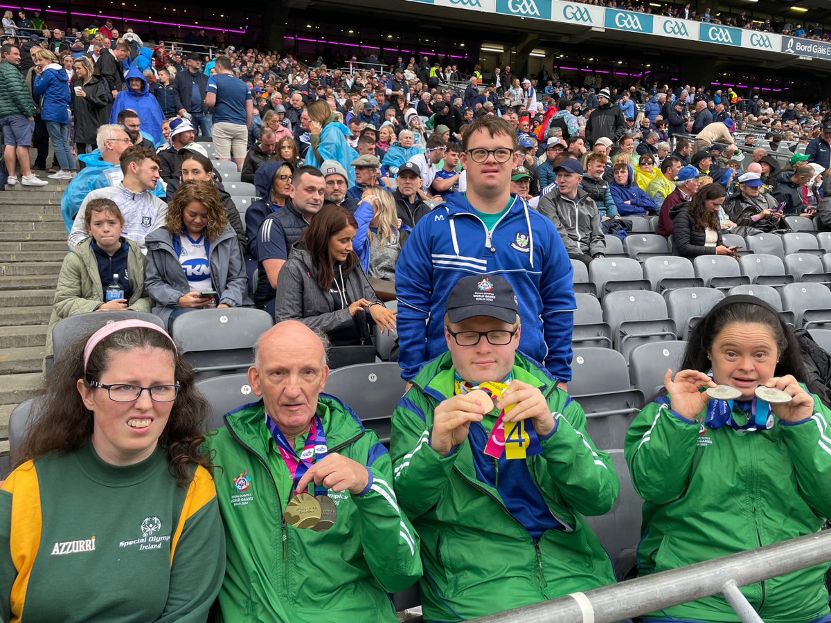 SOIreland's tweet photo. Team Ireland athletes from 2003 and 2023 Special Olympics World Games presented to the crowd on the pitch at the Dublin v Monaghan semifinal in @CrokePark! A fantastic day was had by all; thanks to @officialgaa for making it possible. https://t.co/955V0E3T7F