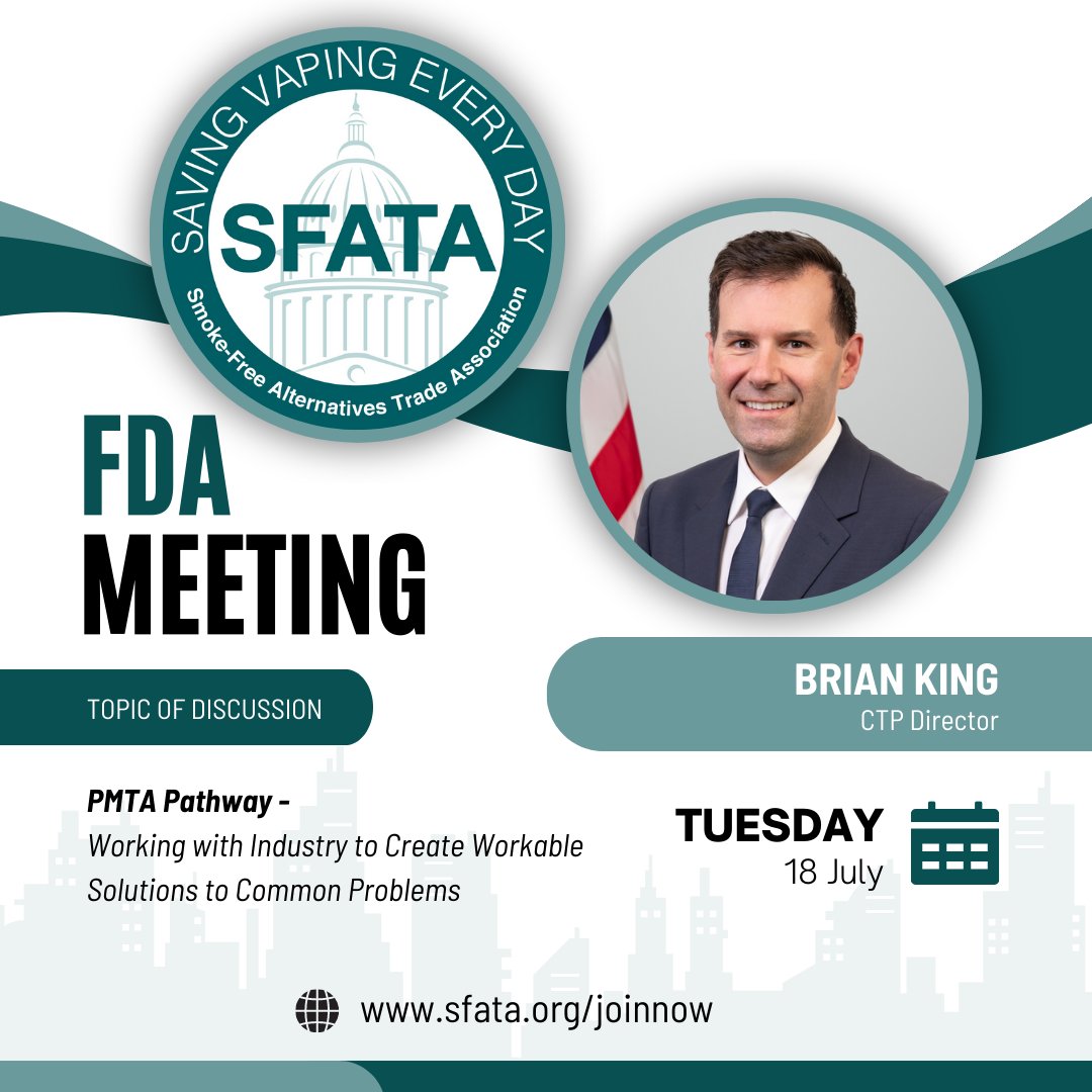 Tomorrow afternoon SFATA leadership will meet with CTP Director Brian King and present a comprehensive plan that can allow life-saving flavored vapor products to obtain market authorization while still adhering to scientific standards. #vapingnews #harmreduction #vape #policy