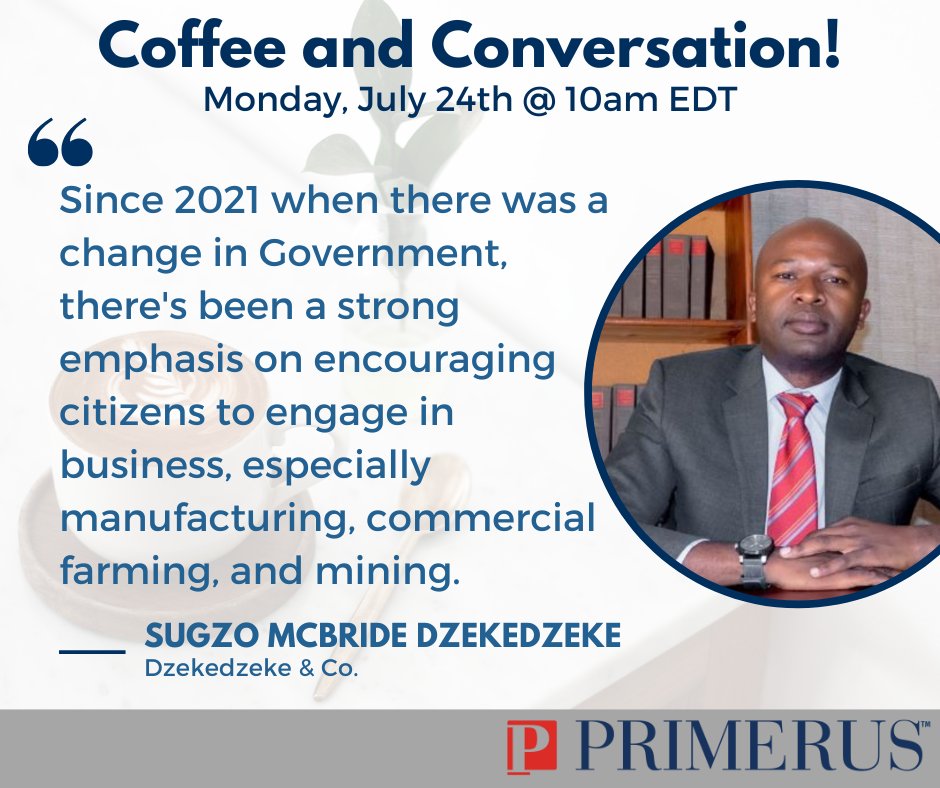 Join Sugzo McBride Dzekedzeke of Dzekedzeke &amp; Co. virtually Monday, July 24th at 10am ET for Coffee and Conversation.

Check out the short video here: vimeo.com/845292905?shar…

Click here to register: cvent.me/EQqE09

#primerus #worldsfinestlawfirms #coffeeandconversation
