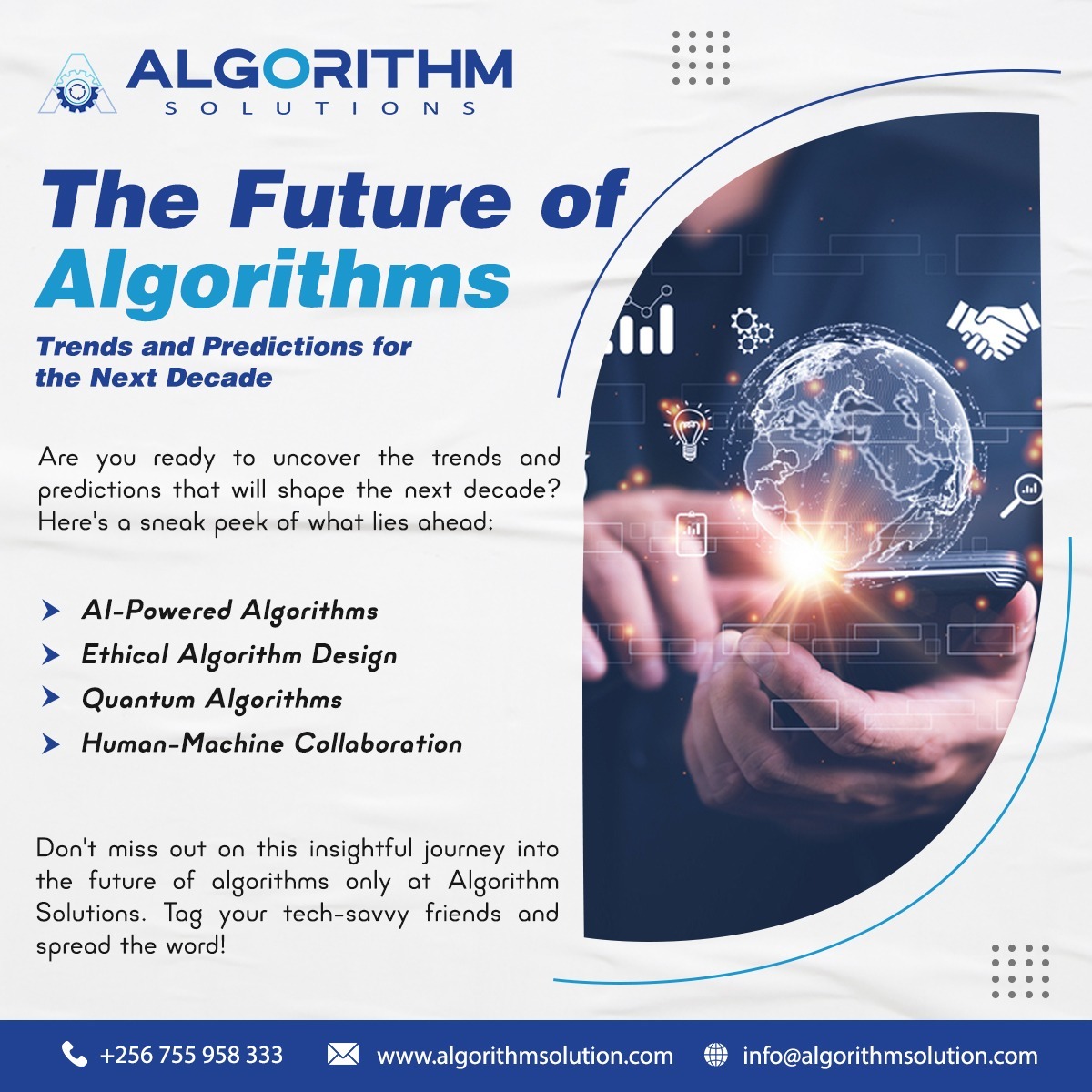 Algorithmsoln's tweet photo. 🔮 Unlocking the Future: Discovering the Power of Algorithms in the Next Decade! 🌐✨

#Algorithms #FutureTech #TechTrends #AI #Ethics #Personalization #QuantumComputing #Collaboration #DigitalFuture https://t.co/KTeCoWGef5