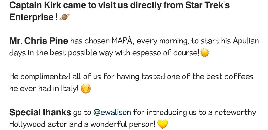 매일 아침 MAPÀ라는 가게에서 에스프레소 마셨대☕

#ChrisPine #크리스파인