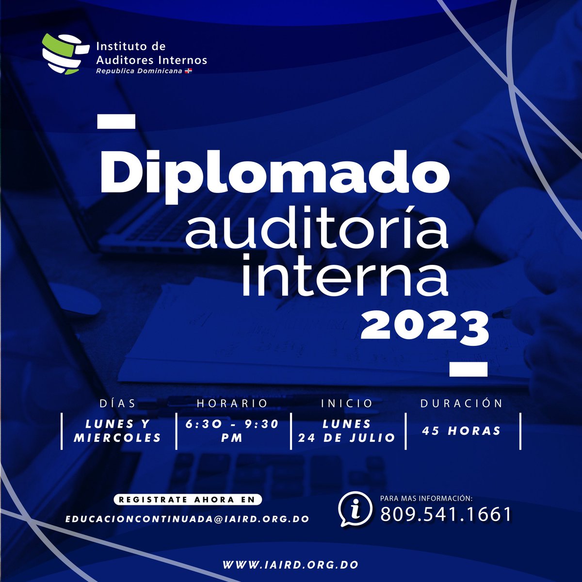 IAIRD01's tweet photo. CURSO DISPONIBLE!

DIPLOMADO DE AUDITORIA INTERNA.

REGISTRATE AHORA y aprovecha los descuentos que te ofrece el #IAIRD.
📨 EDUCACIONCONTINUADA@IAIRD.ORG.DO
📞 809-541-1661
WS 809-501-6026

#IAIRD #IIARD #CursosIAIRD #AuditoresInternos #CursoCIA #Certificacion #DiplomadoIAIRD https://t.co/s6Bl2o6XP1
