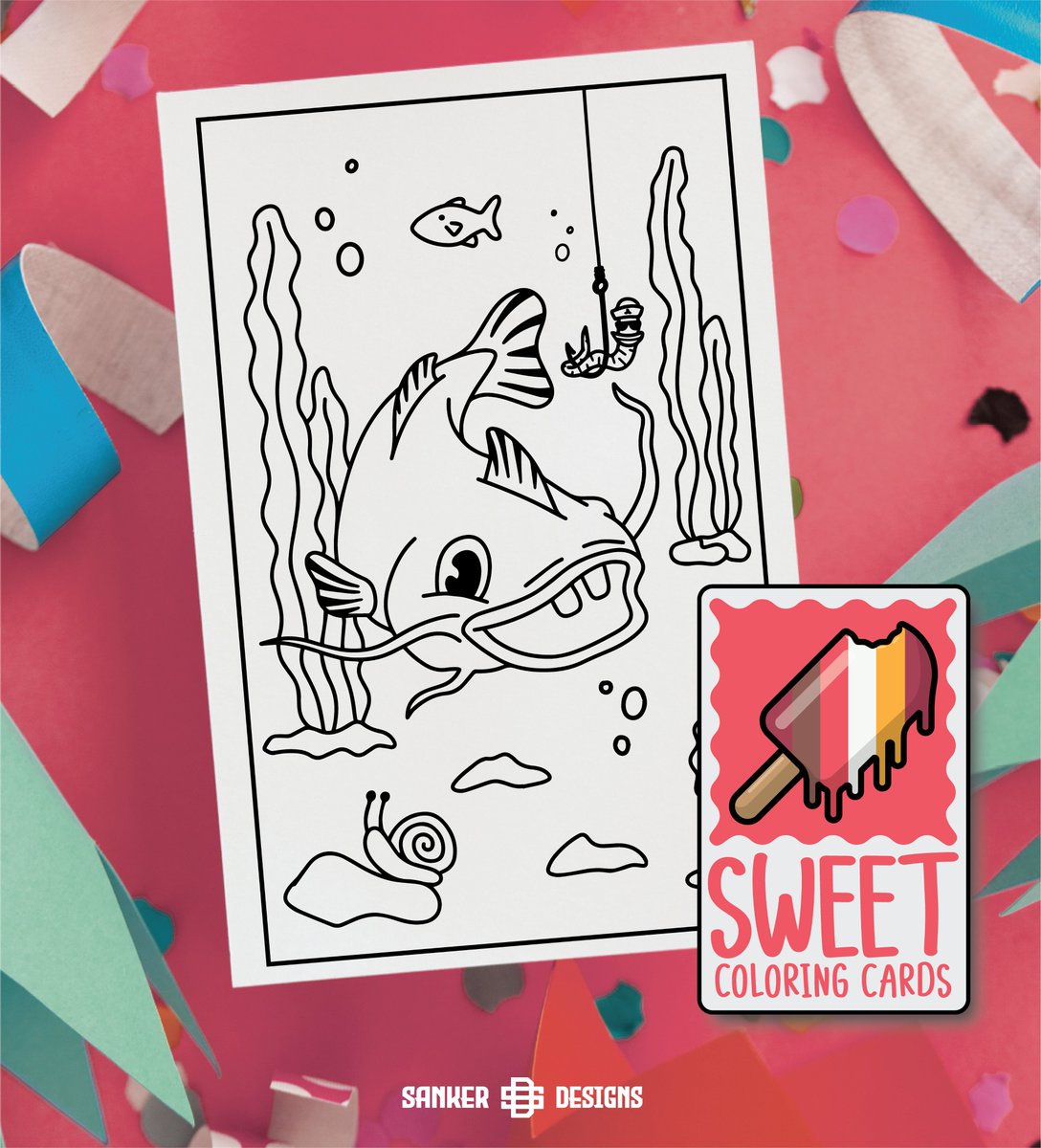 SankerDesigns's tweet photo. I love the variety of work we get! A while back we got the opportunity to create the logo for Sweet Coloring Cards, and now we are creating the fun coloring book style illustrations for their cards.

Let's give this goofy buck toothed catfish some love!

#sweetcoloringcards https://t.co/C1olKFnoSw