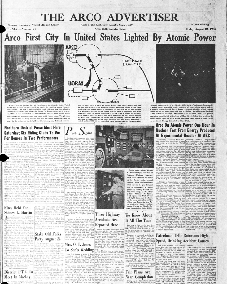 GovNuclear's tweet photo. HOT OFF THE PRESS: #OnThisDay in 1955, Arco, Idaho became the world's first community to have all its electrical power provided by nuclear energy. 

The power was generated by @argonne's BORAX III reactor. https://t.co/Jgj4sMP28Z