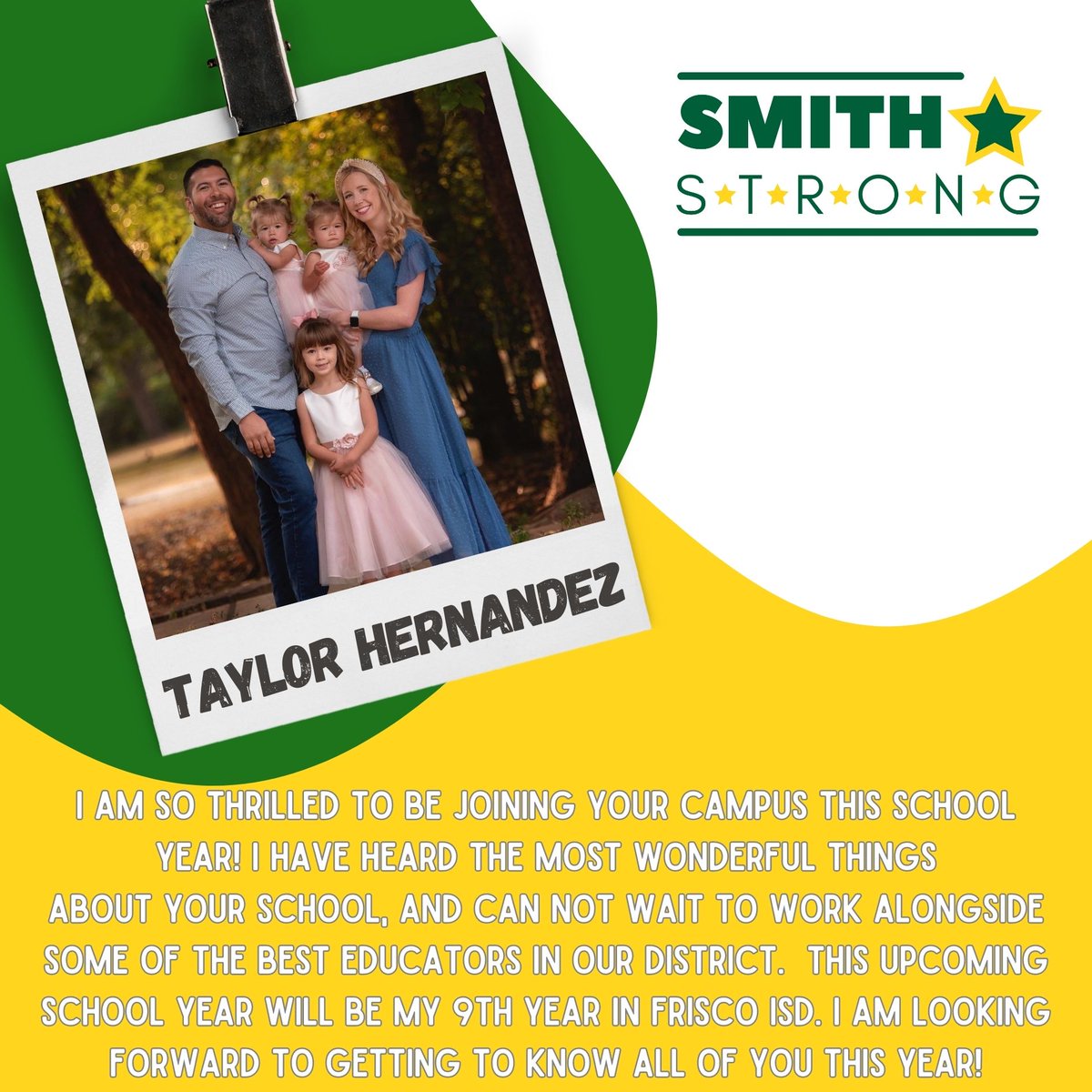 #SMITHSTRONG💪, help us welcome Taylor Hernandez to Smith Elementary! She will be our new Assistant Principal here at Smith Elementary!⭐️💚💪