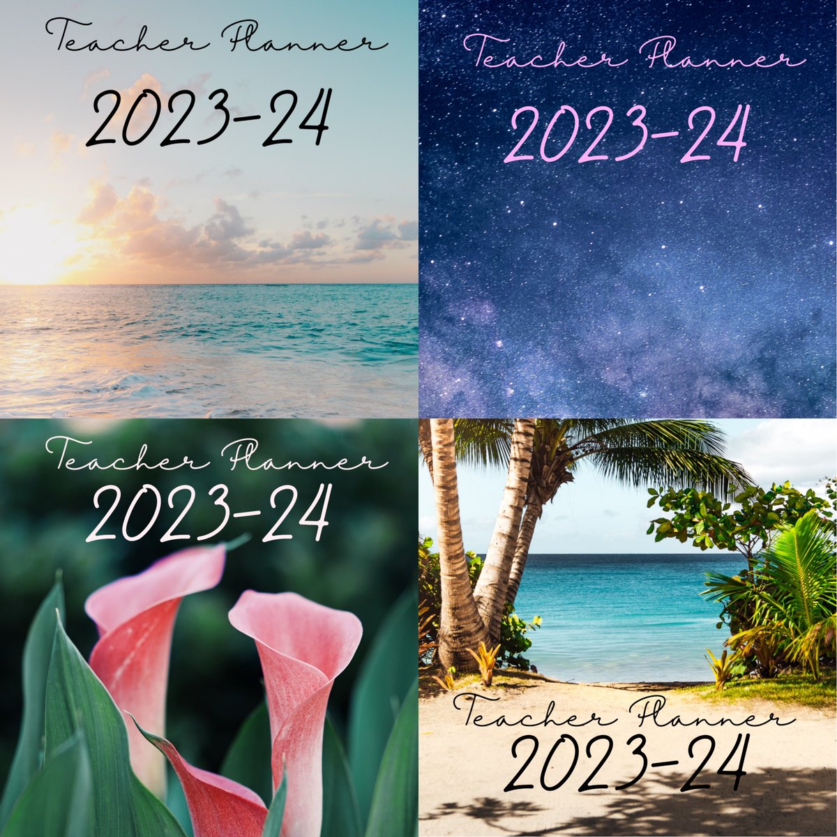 I am trying to design my own teacher planner this year. Here are my possible front covers. Which one is your favourite?
a) waves
b) galaxy
c)flowers
d)palm trees

#ukedchat #teachertwitter #teachersoftwitter #teacherplanner